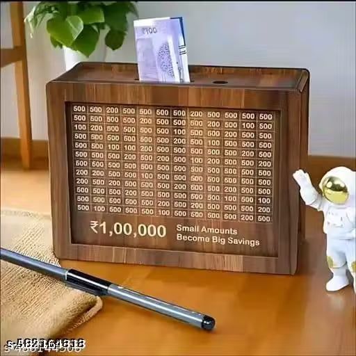 1 Lakh Wooden Money Piggi Bank for Kids/Piggy Bank, Money Box, Coin Box with Carved Design for Kids/Children, Savings Challenge Box, Cashbox,Cash Vault Wooden Savings Box,Wooden Coin Piggy Bank,Money Save Box Smash, Money Saver
