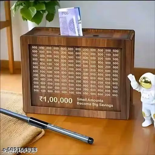 1 Lakh Wooden Money Piggi Bank for Kids/Piggy Bank, Money Box, Coin Box with Carved Design for Kids/Children, Savings Challenge Box, Cashbox,Cash Vault Wooden Savings Box,Wooden Coin Piggy Bank,Money Save Box Smash, Money Saver